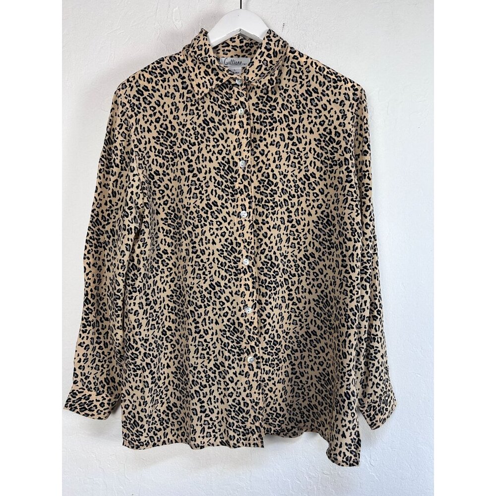 Vintage Galliano Italy Womens Leopard Silk Long Sleeve Button-Up Blouse Large